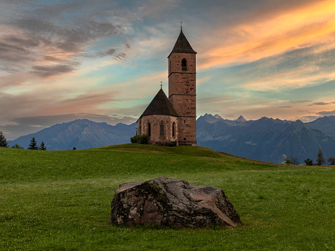 Dawn over St. Kathrein church, Hafling near Meran, South Tyrol