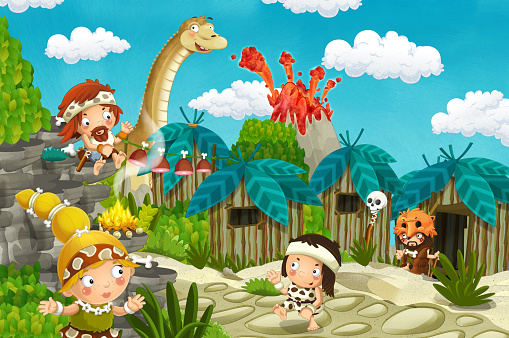 cartoon caveman village scene - stone age - illustration for children