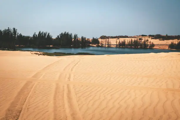 Desert of White sand dune at day in Mui Ne, Vietnam, vintage style