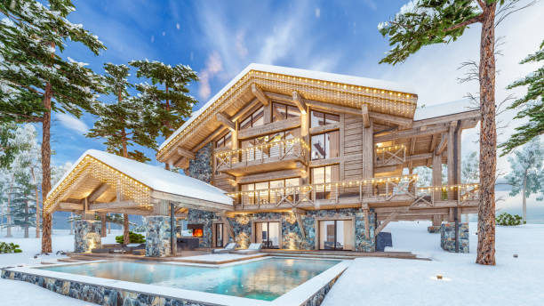 istock 4K rendering of modern cozy chalet with pool 1677970647