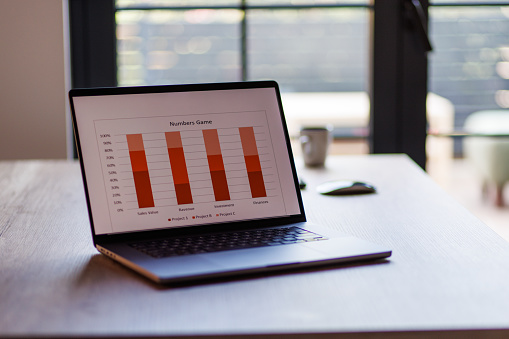 Close up shot of an open laptop on a desk, with a graph on the screen. Part of a series.