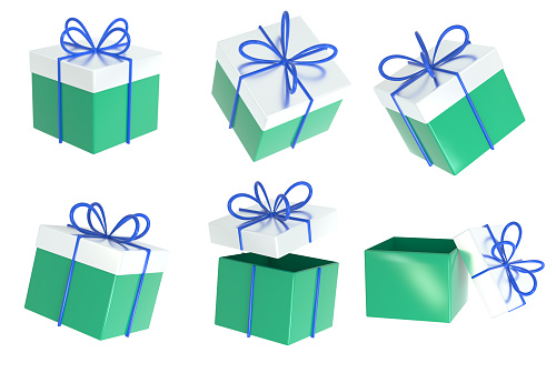 A set of New Year icons and Merry Christmas green gift boxes with a blue bow. The concept of gift boxes for New Year and Christmas decorations. 3d render illustration.