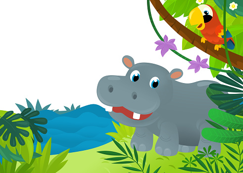 cartoon scene with jungle and animals like hippo being together as frame illustration for kids