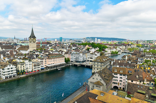 Beautiful view of the historic center of Zurich, the view from Grossmunster Church overlooking the Limmat River. and Lake Zurich, Switzerland