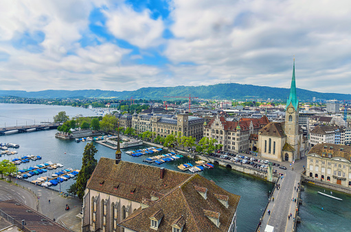 Beautiful view of the historic center of Zurich, the view from Grossmunster Church overlooking the Limmat River. and Lake Zurich, Switzerland