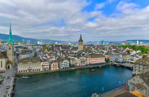 Beautiful view of the historic center of Zurich, the view from Grossmunster Church overlooking the Limmat River. and Lake Zurich, Switzerland