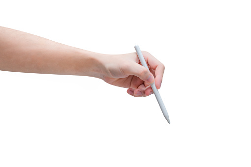 Hand holding white stylus pen isolated on white background.