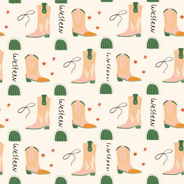 Vector illustration of Western. Vector pattern in wild west style with cowboy boots, lasso and cactus.