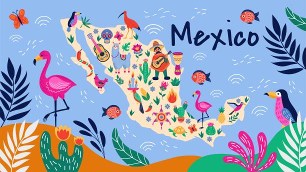 ilustrações de stock, clip art, desenhos animados e ícones de mexico art. mexican travel map with animals and country attributes. llama and turtle. muertos skull. nature and traditional holidays. pinata party. vector cartoon tidy banner design - the americas latin american and hispanic ethnicity map latin america