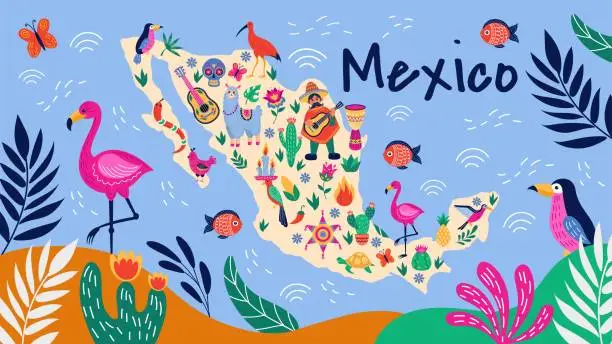 Vector illustration of Mexico art. Mexican travel map with animals and country attributes. Llama and turtle. Muertos skull. Nature and traditional holidays. Pinata party. Vector cartoon tidy banner design