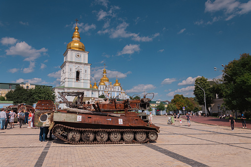 July 16, 2023 - Kyiv, Ukraine. Exhibition of broken Russian equipment on the territory of Ukraine. War, broken rusted tanks on Mykhailivska Square