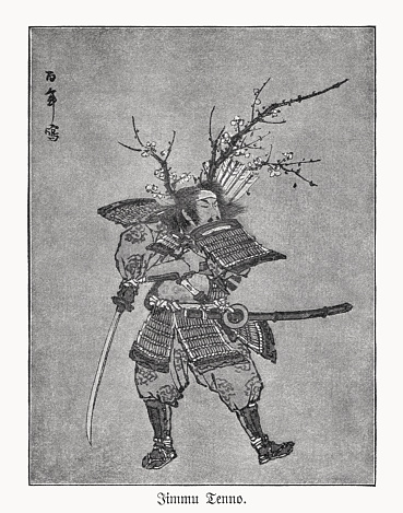 Emperor Jimmu (Jimmu-tennō) - legendary first emperor of Japan. His ascension is traditionally dated as 660 BC. Halftone print after a ink drawing, published in 1900.