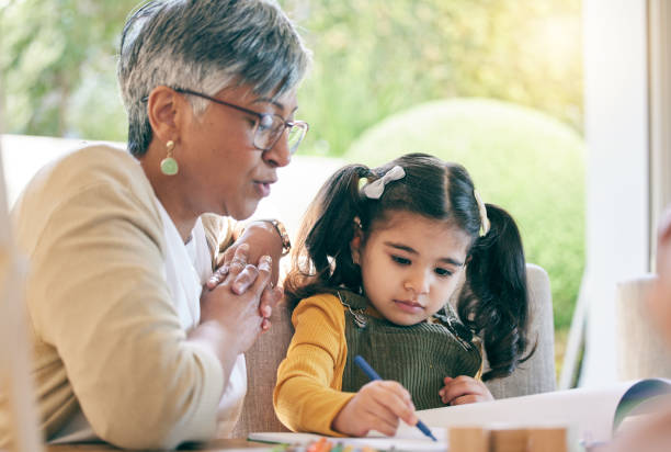 istock Teaching, grandma or girl learning drawing in book for creative skills or growth development. Senior, support or mature grandmother helping an artistic child to color in a school project or homework 1678055849