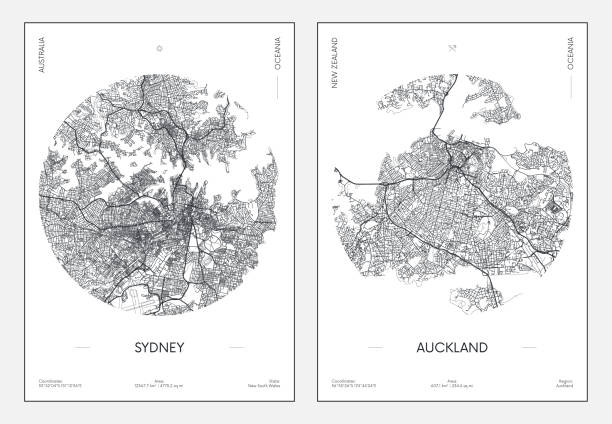 ilustraciones, imágenes clip art, dibujos animados e iconos de stock de cartel de viaje, plano urbano del plano de la ciudad de sídney y auckland, ilustración vectorial - auckland region