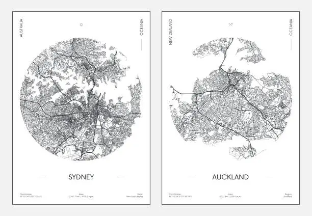 Vector illustration of Travel poster, urban street plan city map Sydney and Auckland, vector illustration