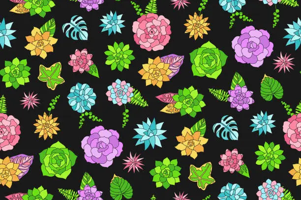 Vector illustration of Succulent houseplant seamless pattern tropical boundless background desert flower endless design