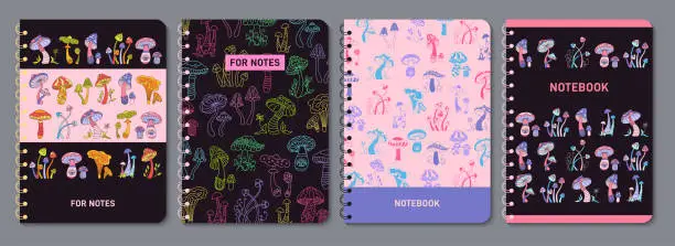 Vector illustration of Mushrooms retro notebook cover poisonous psychedelic fungus design planner brochure note template