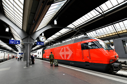 Zurich - May 14,2023 : Zurich HB train station, A hub for rail transport that connects to other railway lines throughout the country and neighboring countries in Europe.