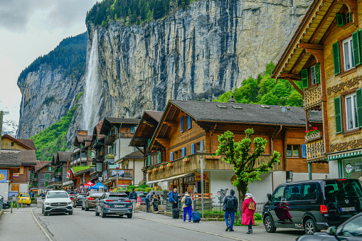 Lauterbrunnen-May 20, 2023 : Panoramic view of Lauterbrunnen valley and Staubbach Fall in Swiss Alps, Switzerland.