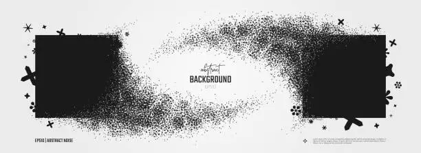 Vector illustration of Vector particles with broken graphic elements debris, Square dissolves turning to dust geometric elements in y2k style, shape explosion, Black figures grunge background