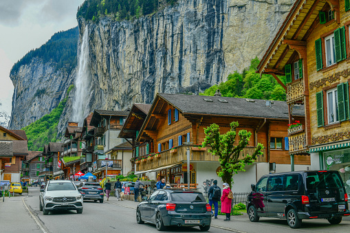 Lauterbrunnen-May 20, 2023 : Panoramic view of Lauterbrunnen valley and Staubbach Fall in Swiss Alps, Switzerland.