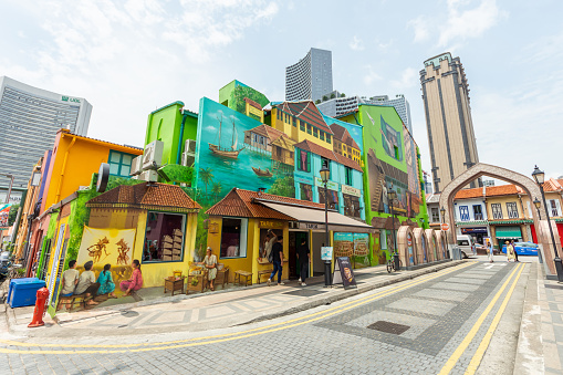 Singapore - August 30,2023 : Muscat Street has street art and architecture based on Omani culture, especially of a nautical or maritime trading theme. People can seen exploring around it.