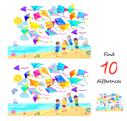 Find 10 differences. Illustration of kids playing on the beach with kites. Logic puzzle game for children and adults. Page for brain teaser book. Developing to count. Vector drawing.