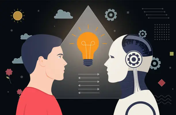 Vector illustration of Human and artificial intelligence heads with idea light bulb.