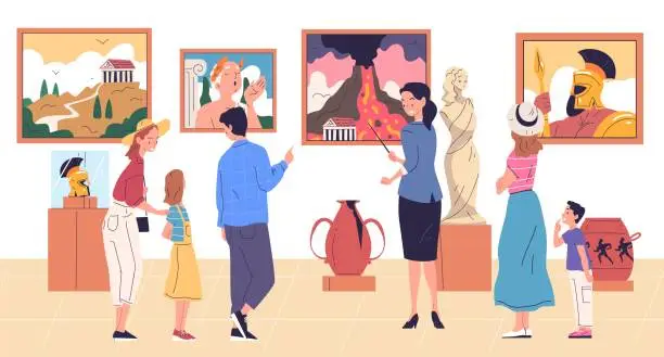 Vector illustration of Family in museum. People tourists with children looking ancient monuments, statue exhibit or painting art gallery exhibition, guide excursion tour group classy vector illustration