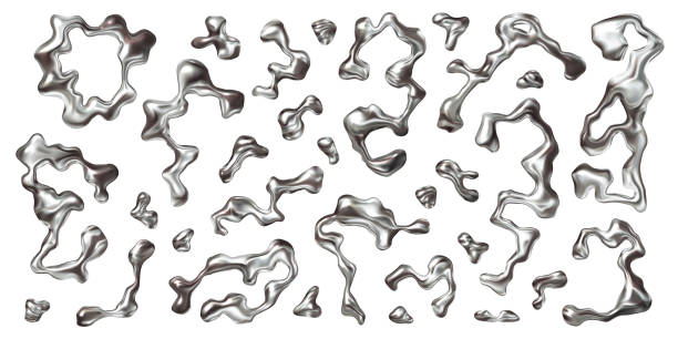 Y2K chrome 3D liquid metal elements with wavy shapes Chrome 3D liquid metal elements set in Y2K style. Wavy metal shapes and silver droplets. Abstract form and element design. Ideal for futuristic chrome visuals and 3D design projects molten silver stock illustrations