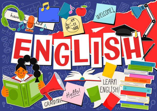 English English. English language hand drawn doodles, lettering and stickers. Education vector illustration. english culture stock illustrations