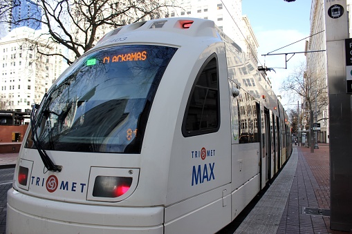 Portland, United States – January 15, 2023: A modern metro train in a metropolitan city station in Portland, USA