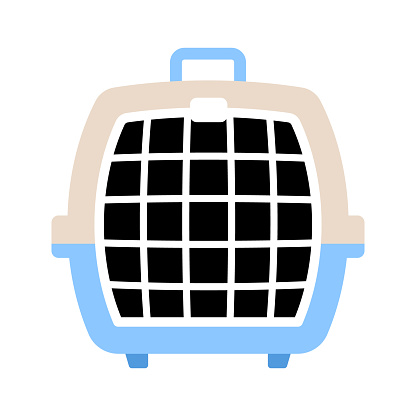 Plastic transport box-cage for cat or little dog. Front view. Flat vector icon. Minimalist isolated illustration