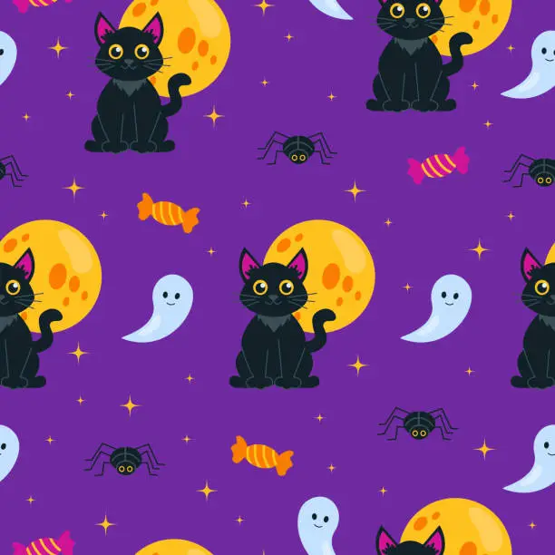 Vector illustration of Seamless pattern. Happy Halloween! Black cat, candy, spider, ghost, full moon and stars. Vector graphic.