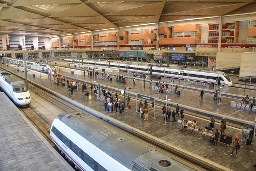 Zaragoza, Spain - Oct 23, 2021: Train platforms at Zaragoza Delicias Railway Station