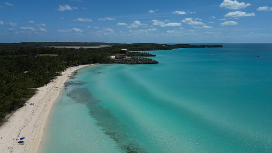 Tropical mexican beach landscape panorama with clear turquoise blue water in Playa del Carmen Mexico.