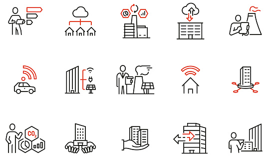 Vector set of linear icons related to building technology, smart houses, urbanism, modern innovation for comfort. Mono line pictograms and infographics design elements