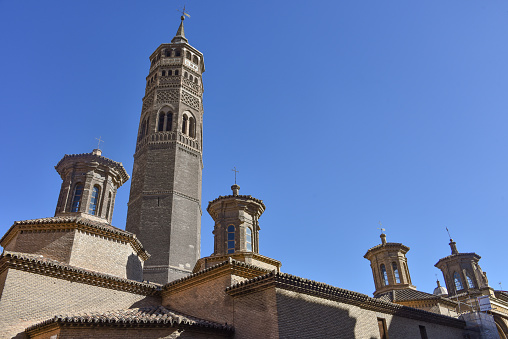 Zaragoza, Spain - 23 Oct, 2021: St. Pablo Church and it's Mudejar Steeple, San Pablo quarter, Saragossa (Zaragoza), Aragon, Spain