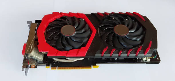 istock Red and black Computer graphics card with two fans isolated on white background. 1678185329
