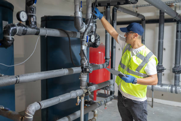 地下室でボイラーシステムをチェックする男性エンジニア - plumber thermostat repairing engineer ストックフォトと画像