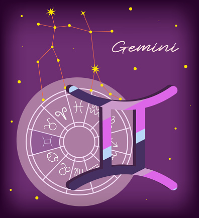 Gemini sign, zodiac background. Beautiful and simple vector image of night, starry sky with gemini zodiac constellation, sphere with encapsulated gemini sign and constellation name.
