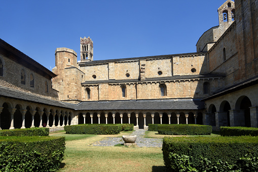 cloister and belll tower of the Cathedral of Santa Maria, La Seu de Urgell, LLeida province, Catalonia, Spain