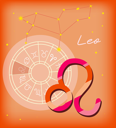 Leo sign, zodiac Background. Beautiful and simple vector image of orange, starry sky with leo zodiac constellation with encapsulated leo sign and constellation name.