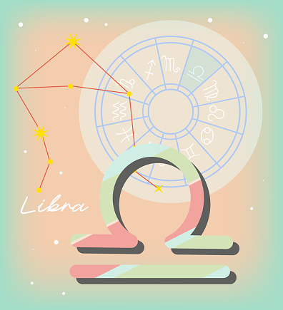 Futuristic Libra zodiac sign on light blue pink background. Glowing low polygonal design vector. Constellation of leo and the astrological circle.