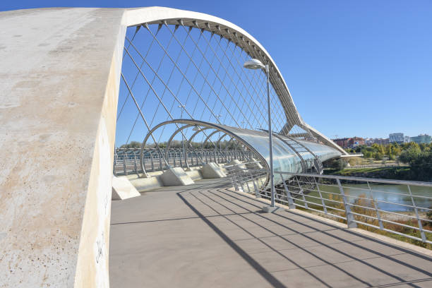 A landscape of Zaragoza city, with Ebro river shores, the Stone and Iron bridges, a seen from the Pilar Catedral bell tower, Spain
