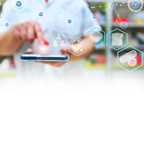istock Pharmacist using mobile smart phone for search bar on display in pharmacy drugstore shelves background. Online medical concept 1678230180
