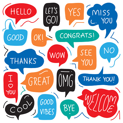 Trendy Colorful Hand Drawn Set of Speech Bubbles with Handwritten Short Phrases. Communication Concept. Hello, Yes, No, Welcome, Bye, Thank You, Congrats, Cool, Good.