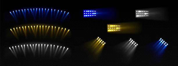 노란색 경기장 콘서트 쇼 조명 격리 세트 - lighting equipment illuminated isolated on black part of stock illustrations