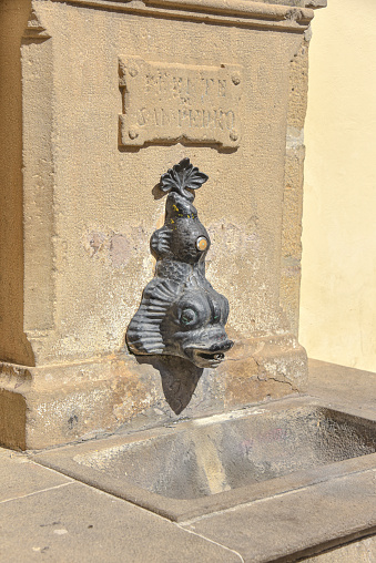 Olite, Spain - Aug 31, 2022: Fish shaped fountain in the Medieval town of Olite, Navarre, Spain