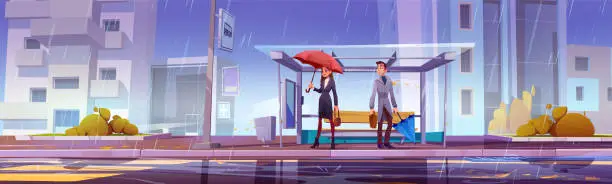 Vector illustration of City bus stop at bad rainy weather with people